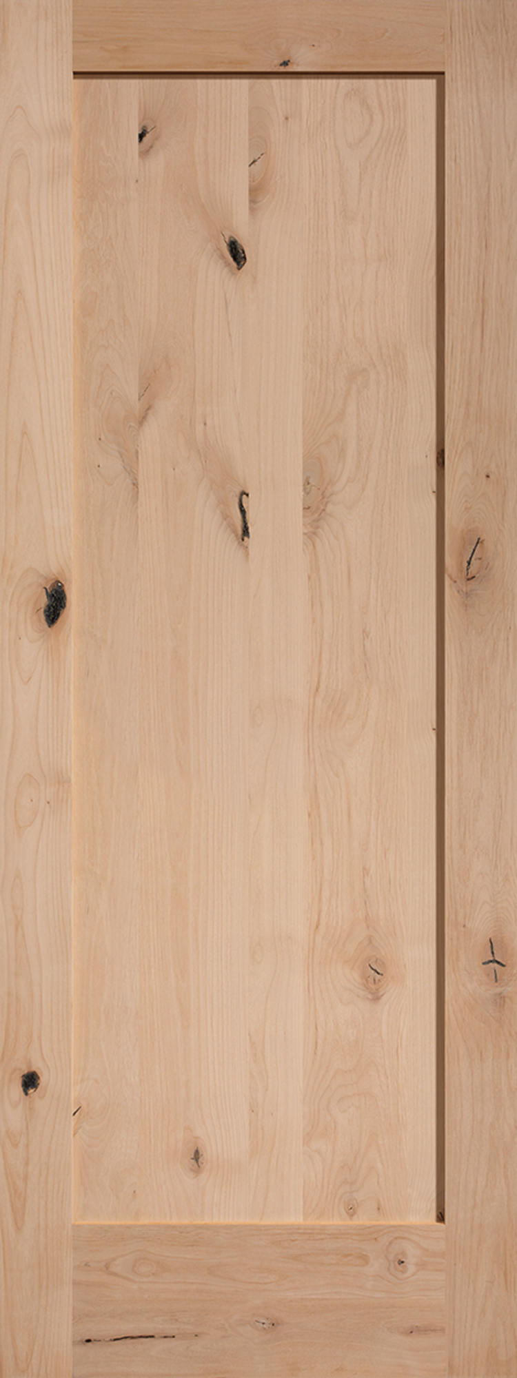 Knotty alder door consists of wood from alder trees with knotted areas within the wood, and a one-panel Shaker design