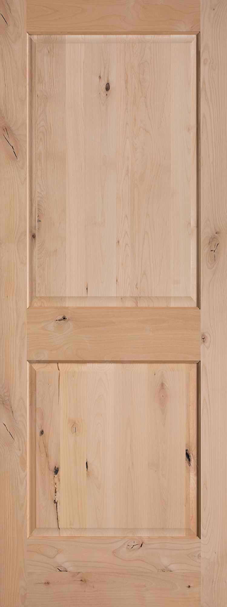 Knotty alder door consists of wood from alder trees with knotted areas within the wood, and a classic two-panel design