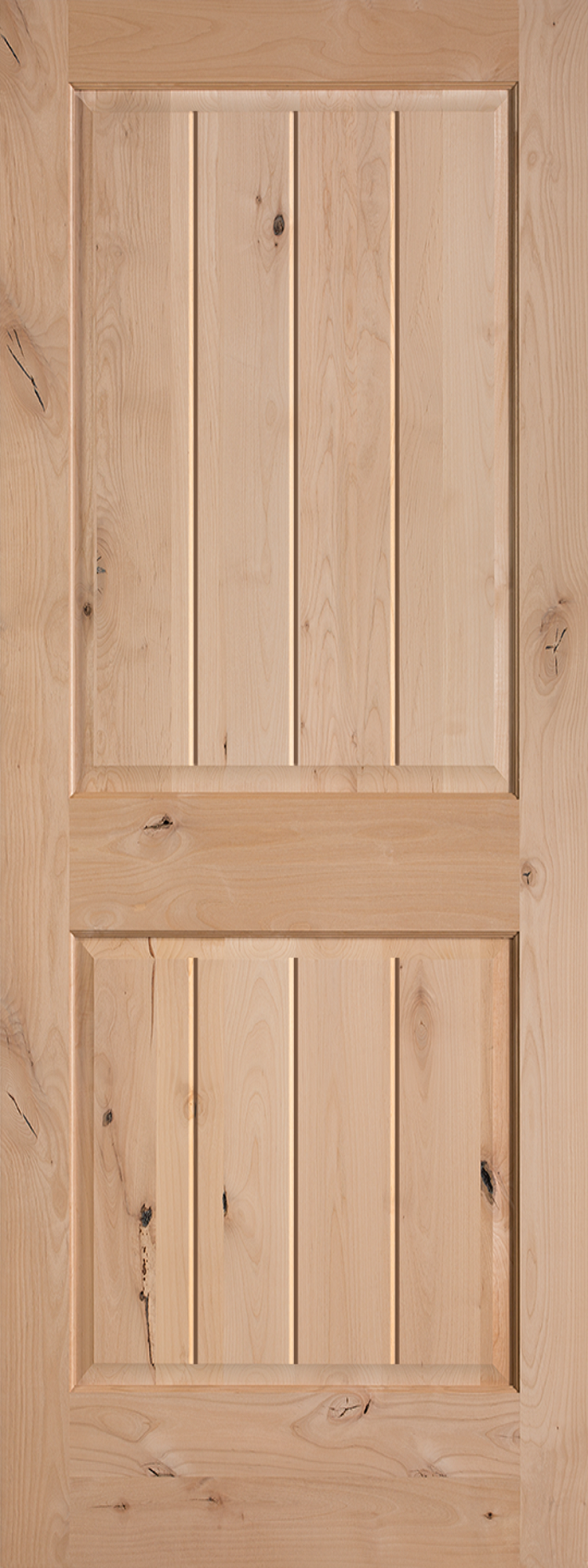 Knotty alder wood door for home’s interior features a two- panel design with V-shaped grooves to add dimension