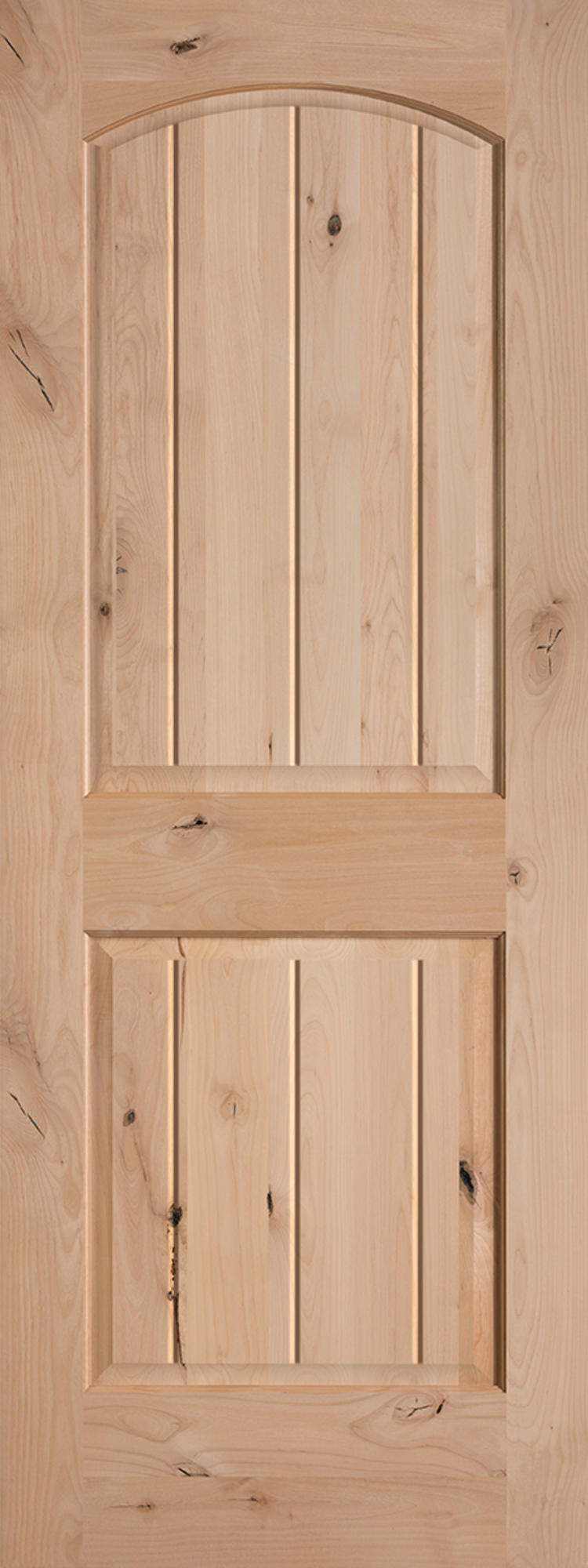 Knotty alder wood door features a square panel topped by an arched panel, with V-shaped grooves to add dimension