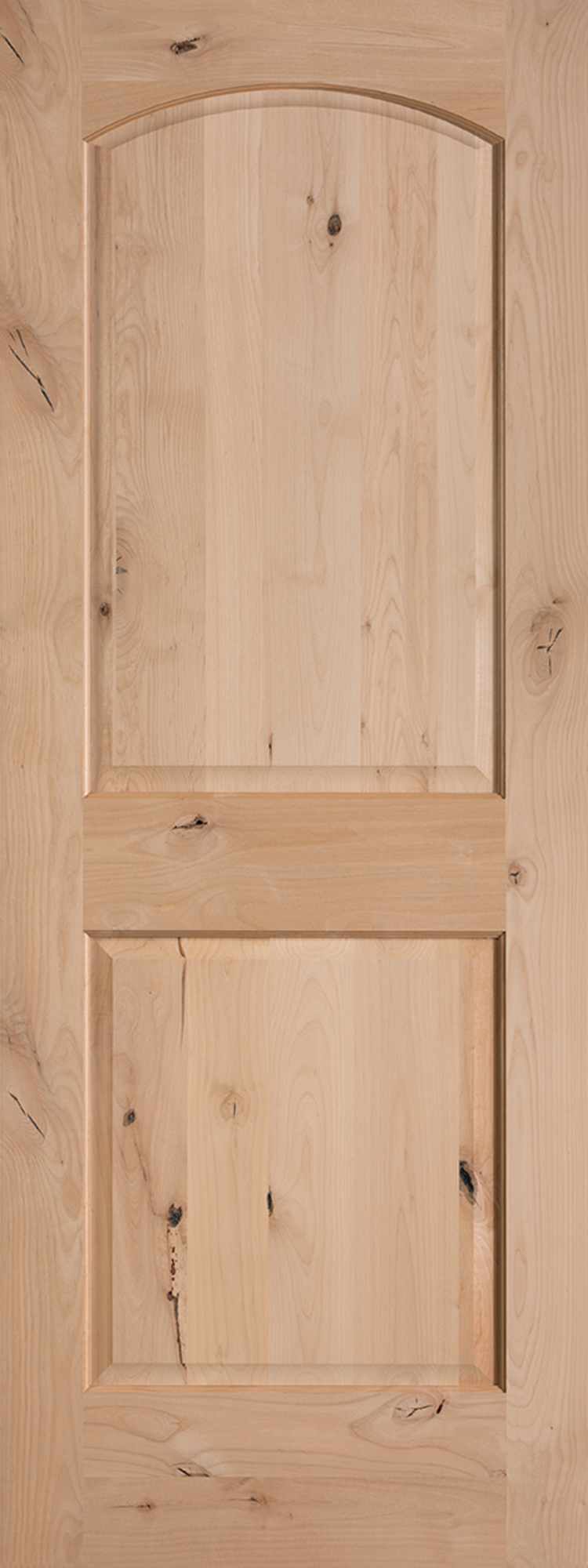 Knotty alder wood door for home’s interior features a square panel, topped by an elegantly arched panel