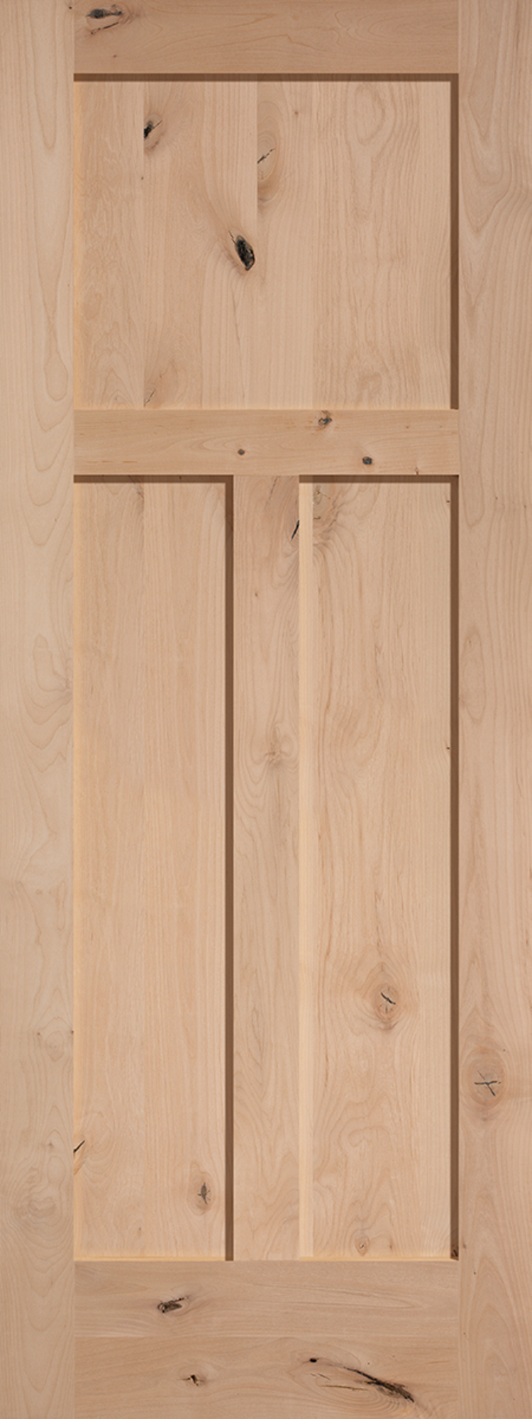 Knotty alder wood door for home’s interior features a Craftsman style, with a square panel above two long, vertical panels