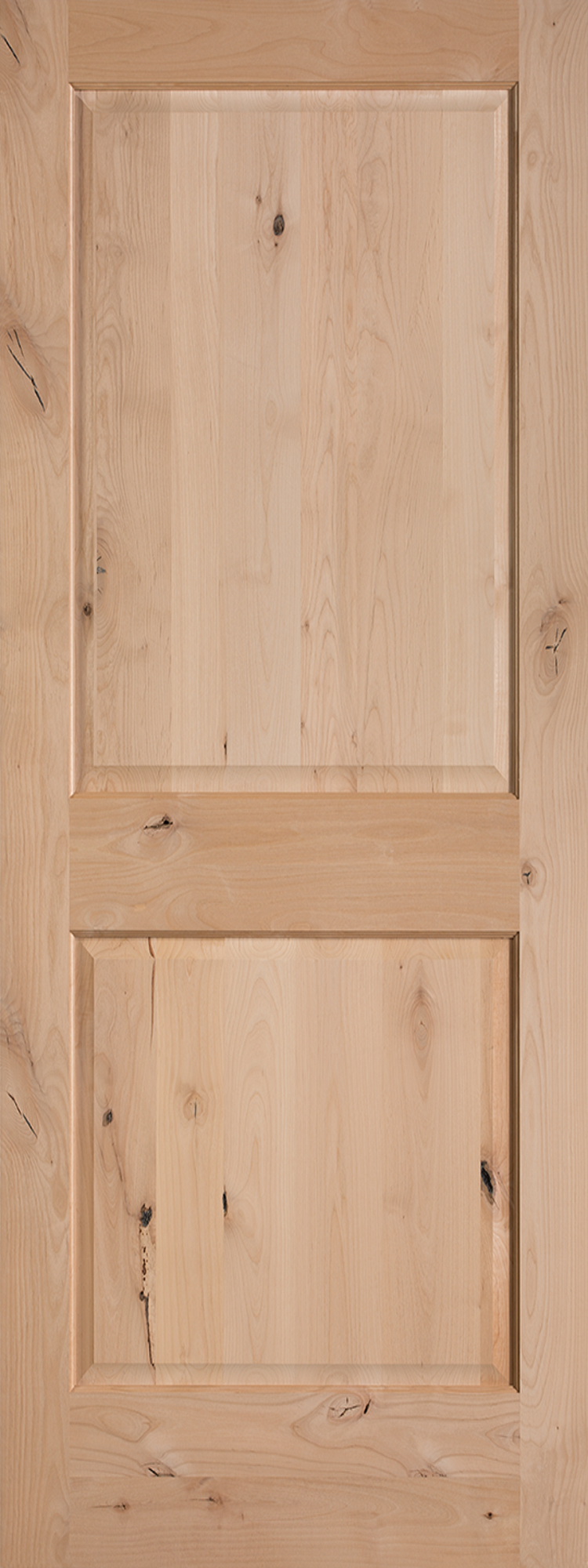 Knotty alder door consists of wood from alder trees with knotted areas within the wood