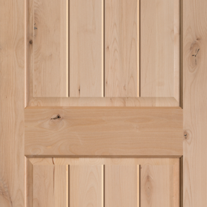 Knotty alder wood door for home’s interior features a two- panel design with V-shaped grooves to add dimension