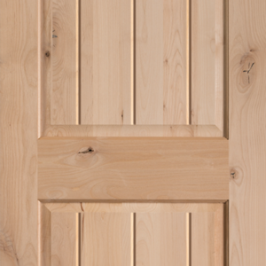 Knotty alder wood door features a square panel topped by an arched panel