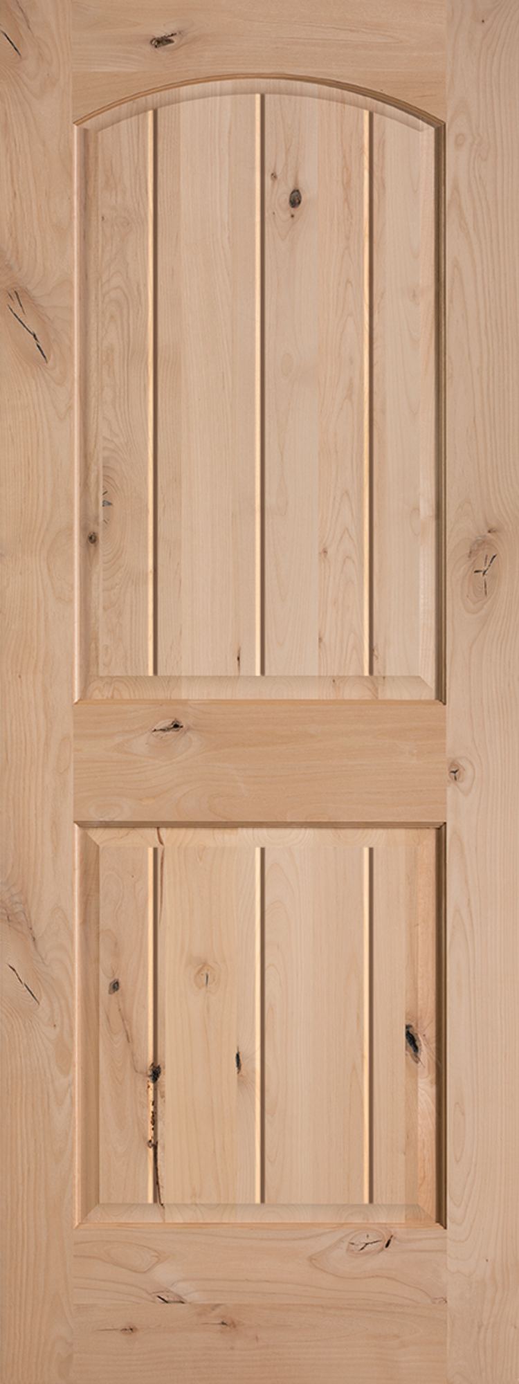 Knotty alder wood door features a square panel topped by an arched panel