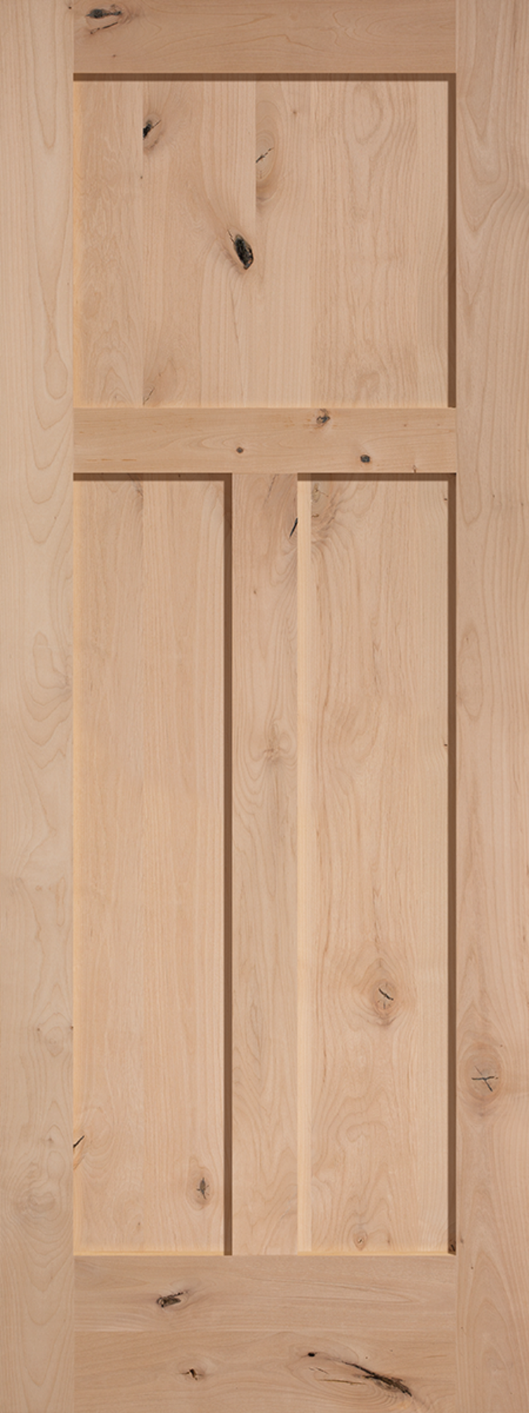 Knotty alder wood door for home’s interior features a Craftsman style